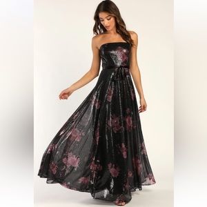 Shiny Black Floral Sequin Strapless Maxi Dress